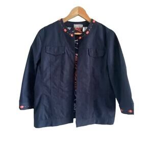 Alfred Dunner Womens Lightweight Dark Denim 3/4 Sleeve Beaded Open Jacket Sz 10P